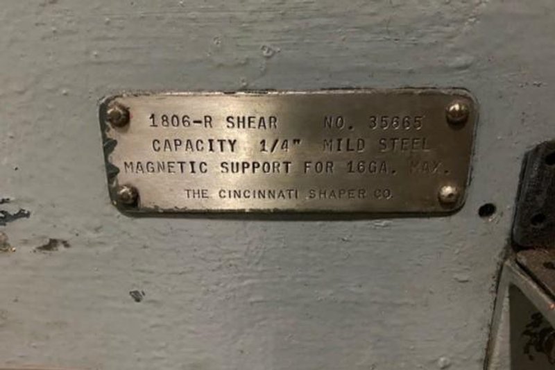 6' X 1/4" CINCINNATI MDL # 1806-R MECHANICAL SQUARING SHEAR