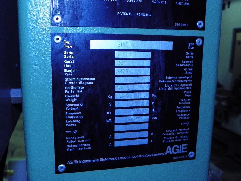 Agie Model EMT-1 Sinker EDM Machine, Serial No. 117, New 1986. 