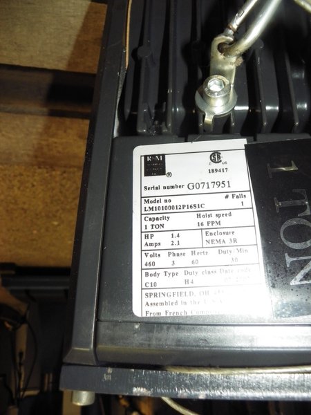 R&amp;M Loadmate LM10 1 ton hoist with 2 ton push trolley - offered as shown 