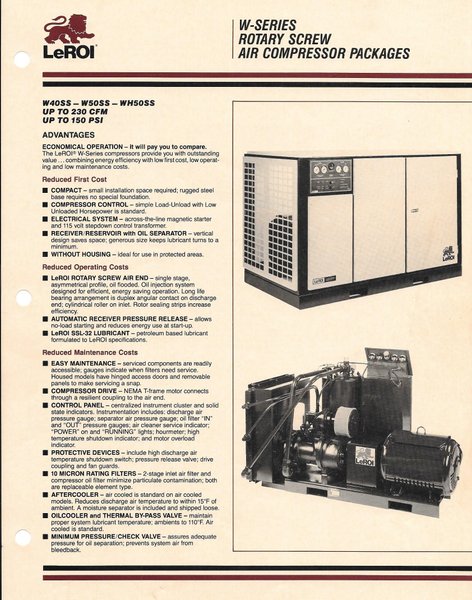 LeRoi Model W50SS 50 HP Rotary Screw Air Compressor, S/N 4166X10, New 1986. 