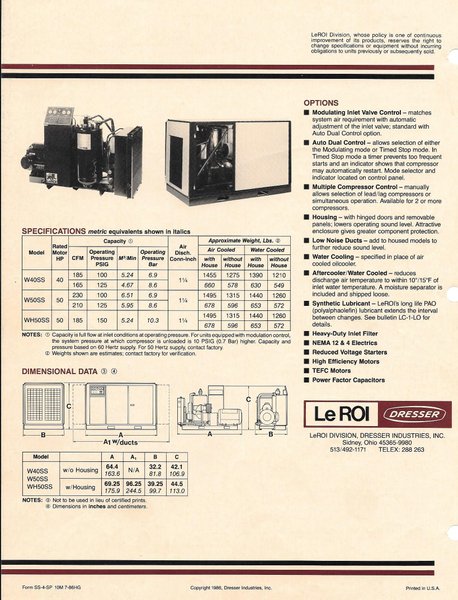 LeRoi Model W50SS 50 HP Rotary Screw Air Compressor, S/N 4166X10, New 1986. 