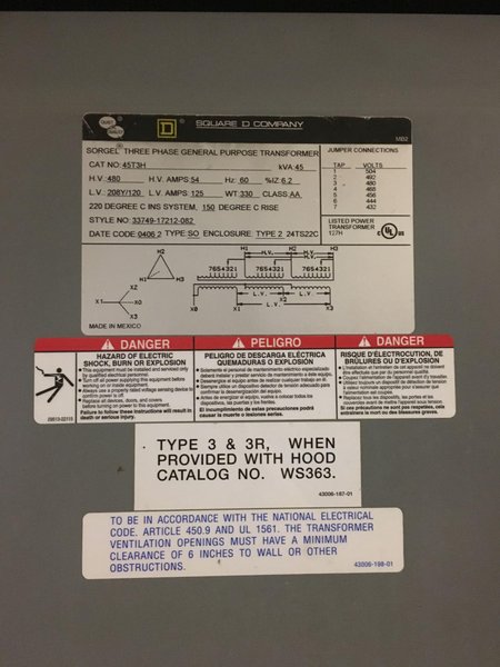 Square D 45 KVA Transformer 480/208, Catalog #45T3H