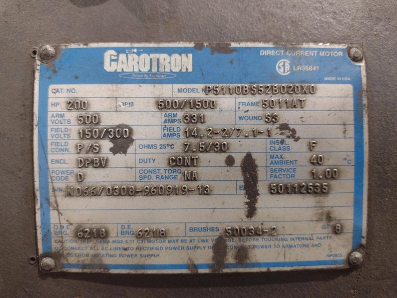 200 HP CAROTRON ELECTRIC DC MOTOR: YOBRO #23901