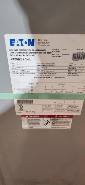 EATON DRY TYPE TRANSFORMER V48M28T75EE 75 KVA 480 to 208Y/120 NEW