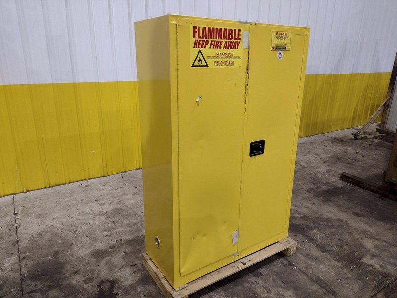 45 GALLON X 2 DOOR EAGLE FLAMMABLE MATERIALS MODEL #4510X STORAGE CABINET, 43” X 18” X 65” HIGH: YOBRO  #22012