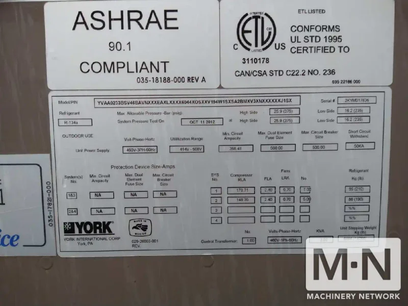 230 TON YORK MODEL YVAA0233BSV46 AIR COOLED SCREW CHILLER MFG 2012 ( 2) AVAILABLE