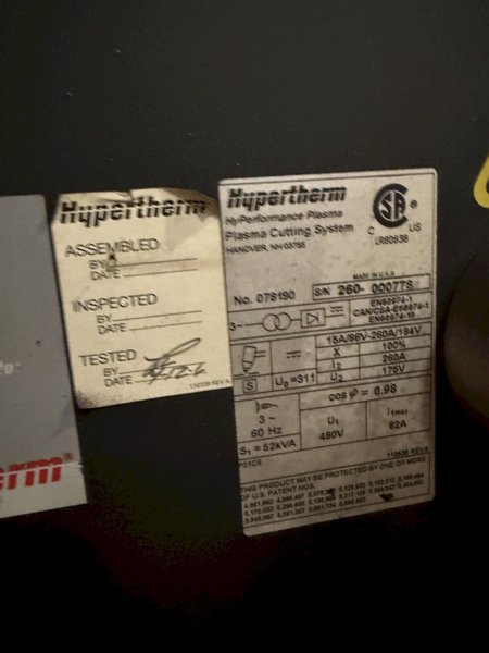 120" X 60' CUTTING SYSTEMS INC/HYPERTHERM HPR260 HYPERFORMANCE PLASMA SYSTEM. STOCK #0432626