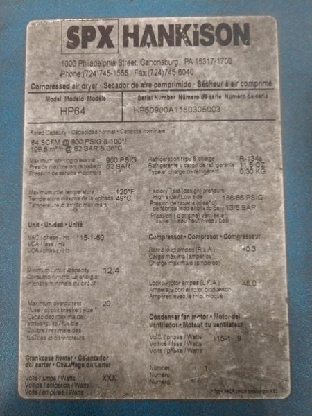 900 PSIG HANKISON MODEL #HP64 AIR DRYER : STOCK #14699
