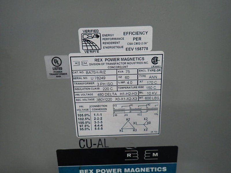 REX POWER MAGNETICS 75 KVA TRANSFORMER  -  BA75HH-R/Z