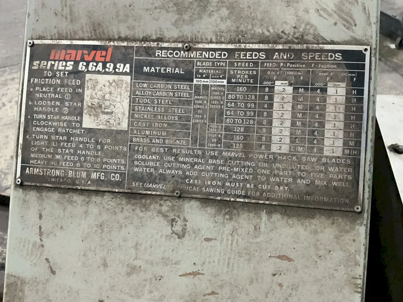 ARMSTRONG-BLUM MFG. CO. MARVEL HORIZONTAL HACK SAW  -  9A5