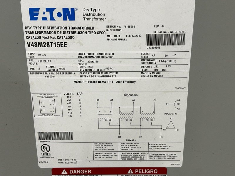 15 KVA EATON (480 TO 208) TRANSFORMER: STOCK #20149