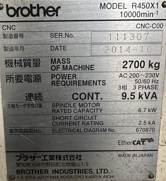 Brother SPEEDIO R450X1 Pallet Changing Compact Machining Center 10,000 RPM Spindle Tapping RPM 6,000