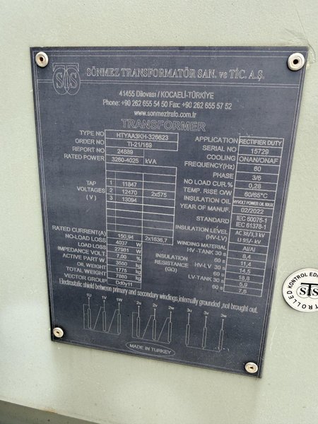 2021 Inductotherm melt system with 2- traveling charge feeders with scales, Inductotherm type 3000 DT-2 ACF-2 3000 kw power supply rated at 300 h. s/n 21H-381478-246-11 interconnecting buss and cables, 2- 4metric steel shell furnaces with stands, hydraulic system , water system with twin 50hp pumps, 2021 Emsco model Hypro 25 stainless steel heat exchanger , related piping, controls, remote operators stand, related controls, lining pushout, Sonmez incoming power transformer type HTYAA3KH-326623 s/n 15729 rated at 3260-4025 KVA, 12,470 volt primary volts, 2x575 secondary volts, spare incoming transformer same as above s/n 15364
