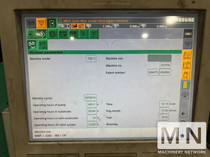 350 TON ARBURG MODEL 720S-3200-800/170 2-COLOR INJECTION MOLDING MACHINE MFG 2014