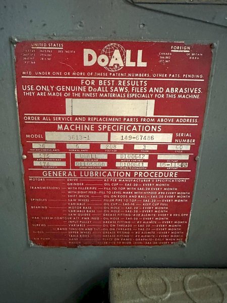 36&quot; DOALL MODEL #3613-1 VERTICAL BANDSAW: YOBRO #24515