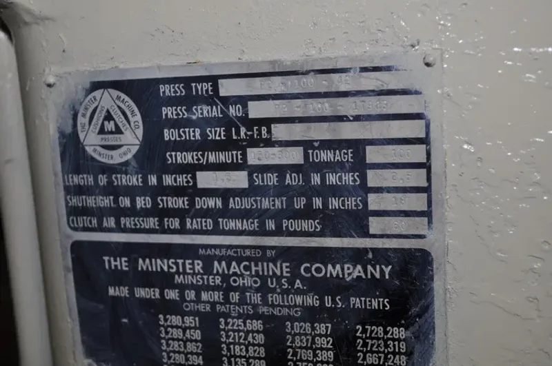 MINSTER 100 TON P2-42 PRESS, STOCK# 13609J