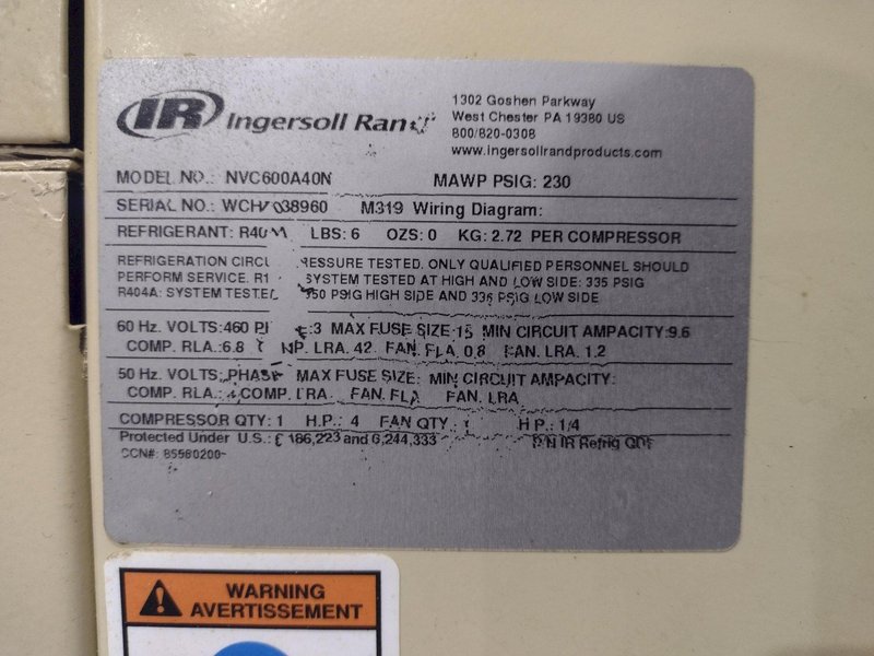 100 HP INGERSOLL-RAND MODEL RS75i-A125 ROTARY SCREW AIR COMPRESSOR W/ AIR DRYER: YOBRO #25976