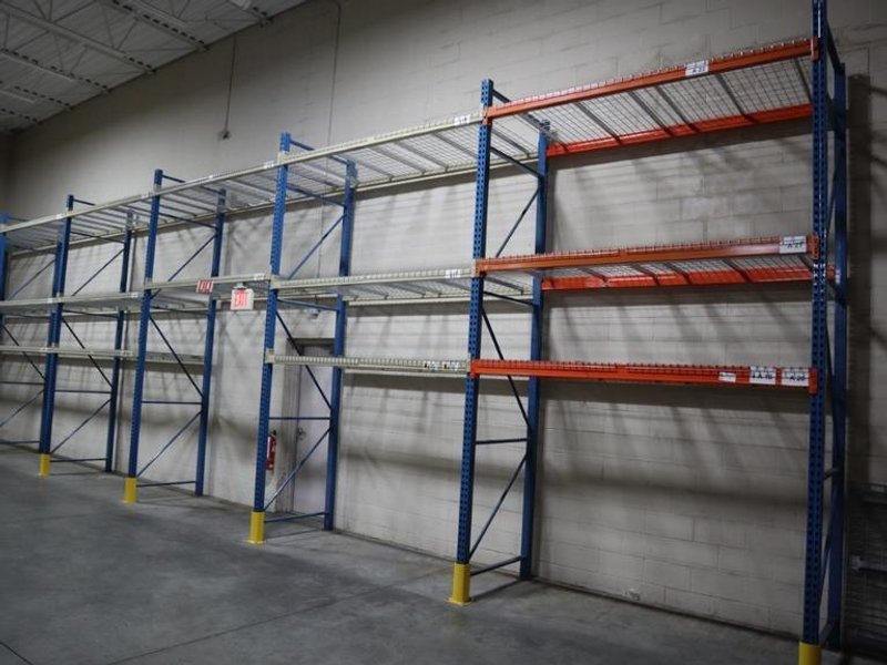 Pallet Racking, Teardrop Style (7) 14'x42" Uprights, (17) 8' Cross Members, Wire Decking, *No Contents*- Auction Item