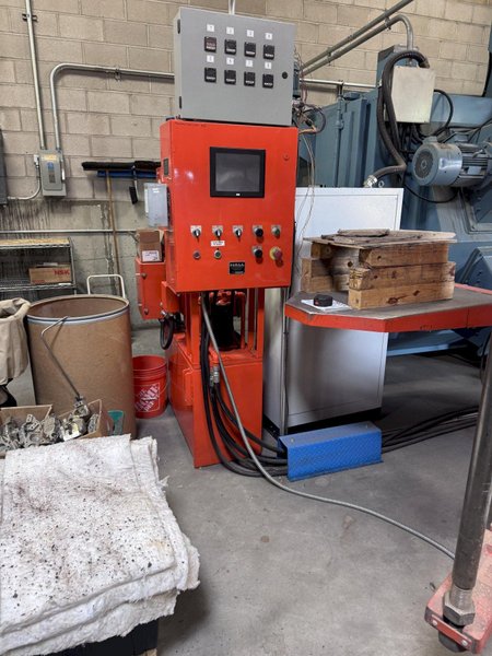 Hall Tilt Pour 3HSX model was used for prototyping and light production and has very little use. This machine was nearly 140,000$ with options in 2022. 

 Options are as follows 
#3 Front Eject
#3 Manual Casting Catcher
#3 Tie Bar Extensions
20GPM Hydraulic Unit
Proportion controller
Thermocoupler display w/ 8 programmable controllers and 16 valve banks to control cooling liquid or air
Proportional PLC Control /HMI and Manual Operators
4 valve proportional control