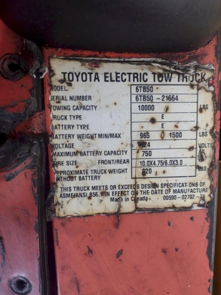 10,000 LB TOYOTA MODEL #6TB50 ELECTRIC CART &amp; TOW TRUCK: STOCK #16219