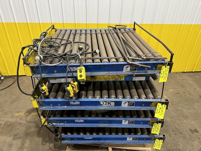 3,000 LBS X 48" X 48" ROTO-MAX HYDRAULIC SCISSOR LIFT TABLE W/ ROTARY LEWCO ROLLER CONVEYOR TOP, 110 VOLT: STOCK #20871