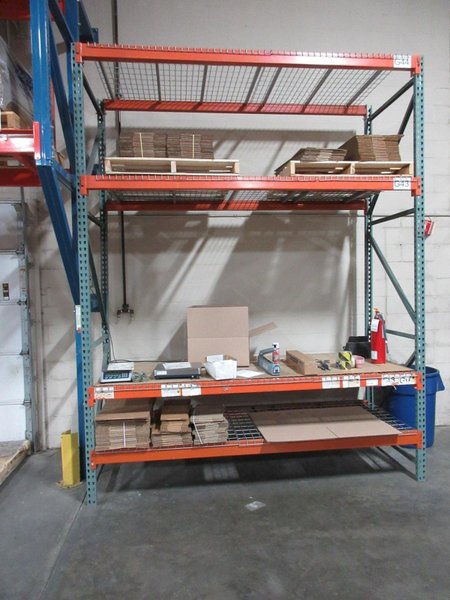 Pallet Racking, Tear Drop Style (2) 12'x42" Uprights, (4) 9' Shelves with Wire Decking, *No Contents*- Auction Item