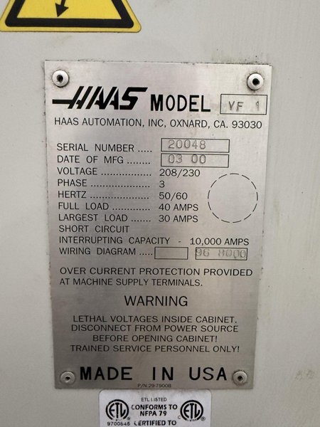 HAAS VF–1 VERTICAL MACHINING CENTER. STOCK # 1229024