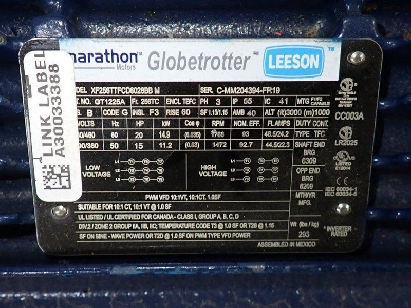 MARATHON MOTORS 20 HP MOTOR  -  XF256TTFCD6028BBM
