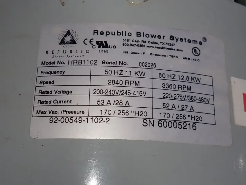 REPUBLIC BLOWER SYSTEMS 11 KW BLOWER  -  HRB1102
