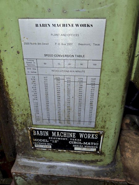 12&quot; BABIN CIRCL-MATIC BOLT CIRCLE DRILLING MACHINE. STOCK # 0992425.