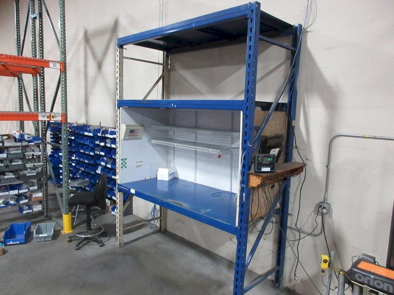 Pallet Rack Shipping Desk Unit, Tab and Slot Style, (2) Uprights 120" x 36", (3) 7' Shelves, with Added Shelving and Overhead Light- Auction Item