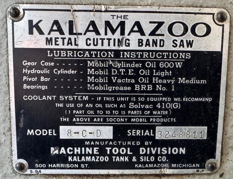 8&quot; x 16&quot; Kalamazoo Horizontal Band Saw 8-C-D, 3/4&quot; Blade, 1 HP