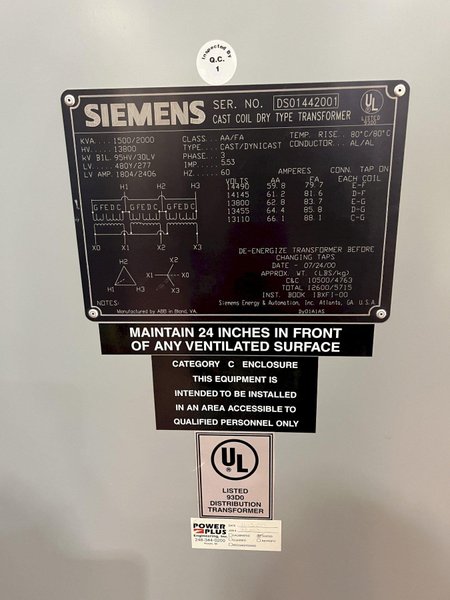 1500 KVA Siemens Cast type dry coil Transformer