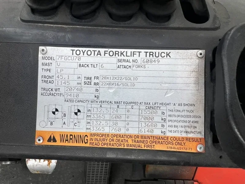 15,500 LB. TOYOTA 7FGCU70 FORKLIFT. STOCK #1219525