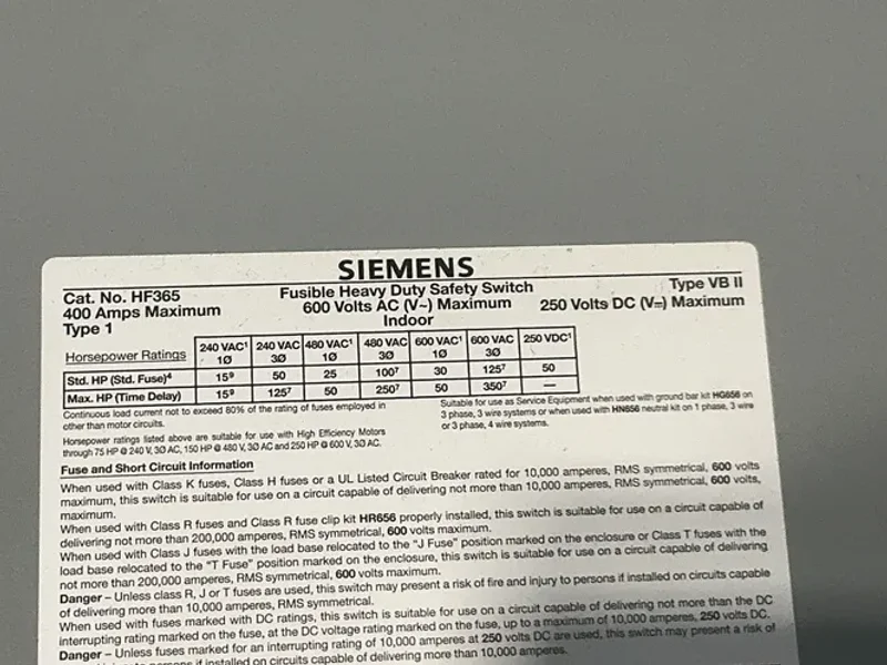 Siemens  400 Amps  Heavy Duty Safety Switch  - Hf365