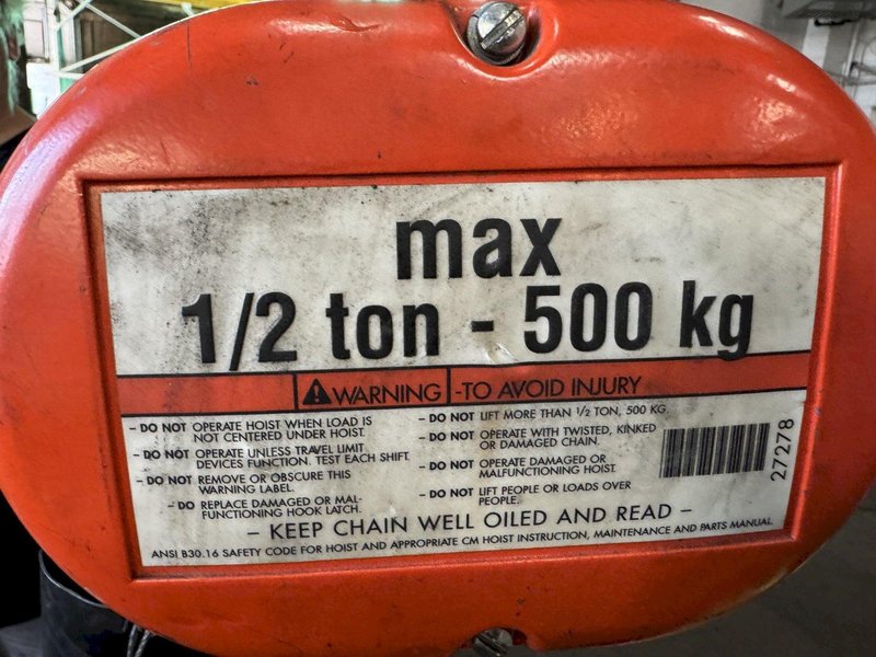 1/2 Ton CM Lodestar Electric Hoist F2, Two-Speed, 8' Lift, Pendant, Trolley