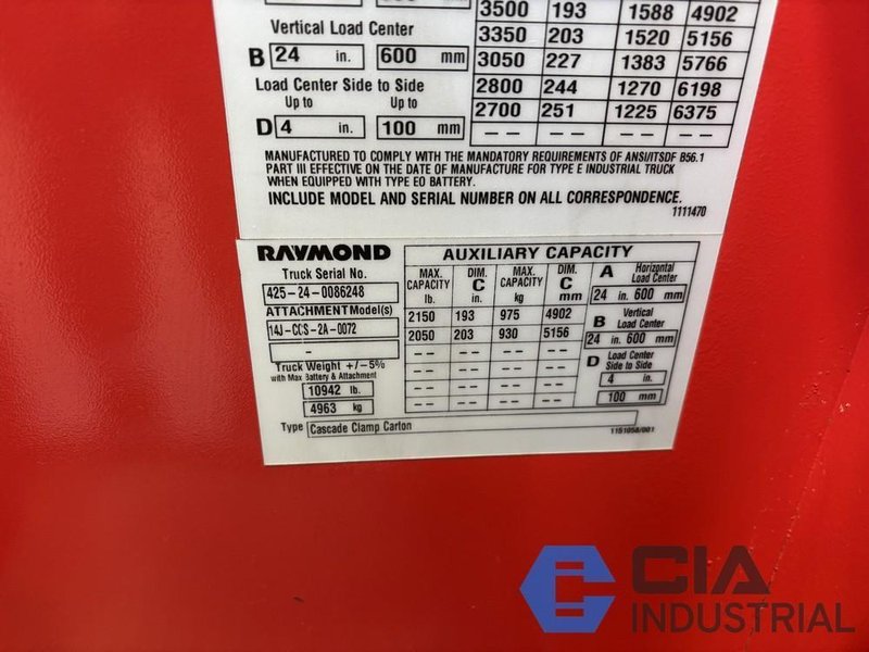 2024 - 3,500 LB. RAYMOND MODEL 425-C35TT STAND-UP ELECTRIC FORKLIFT
