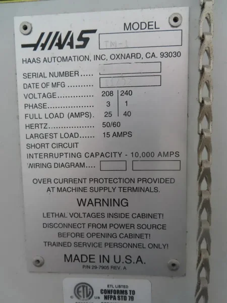 2002 Haas TM-1 CNC Vertical Machining Center, 30"x12"x16" Travel, 4,000 RPM, 10-Slot ATC, 7.5 HP FOB Portland, OR $10,500