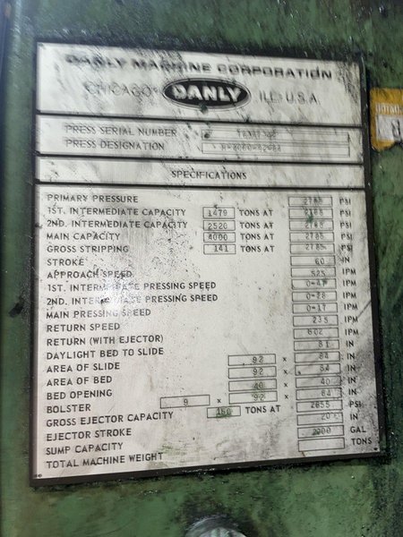 4000 TON DANLY MODEL H-4000-94-84 HYDRAULIC PRESS: STOCK #14256