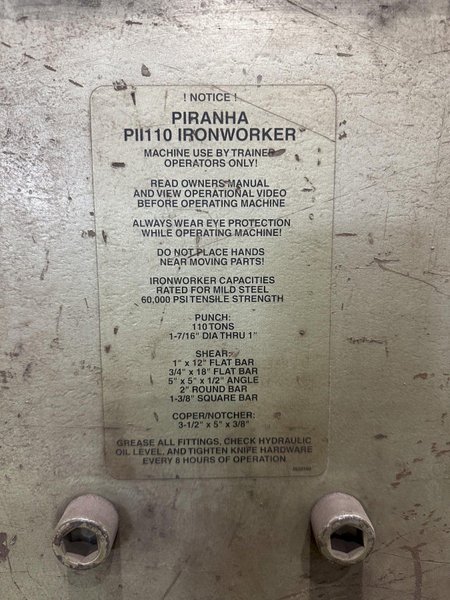 110 TON PIRANHA MODEL #PII 110 HYDRAULIC IRONWORKER: STOCK #23738