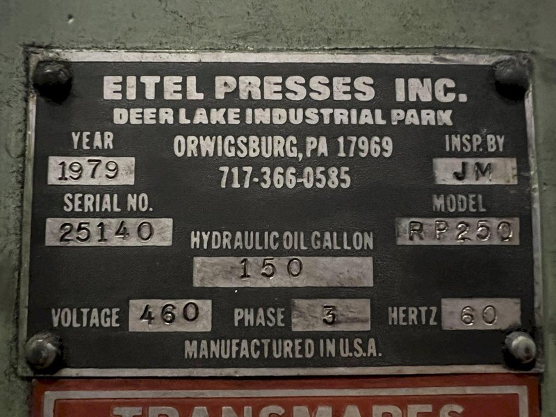 250 TON EITEL MODEL #RP250 HYDRAULIC C-FRAME STRAIGHTENING PRESS: STOCK #18267