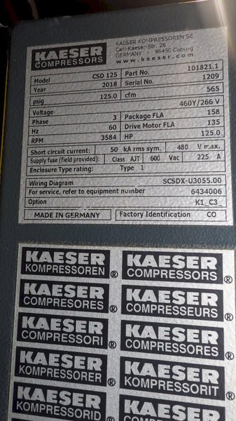 Kaeser 125 Hp Rotary Screw Air Compressor