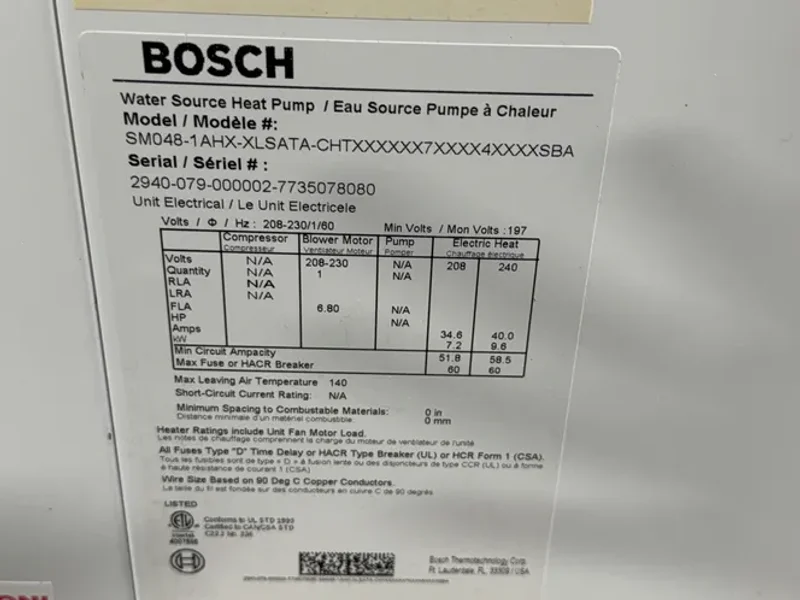 BOSCH WATER SOURCE HEAT PUMP   -  SM060-1AHX-XLSATA-CHTX
