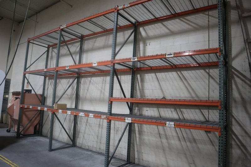Pallet Racking Teardrop Style, (4) 14'x 42" Uprights, (10) 8' Shelves with Wire Decking- Auction Item