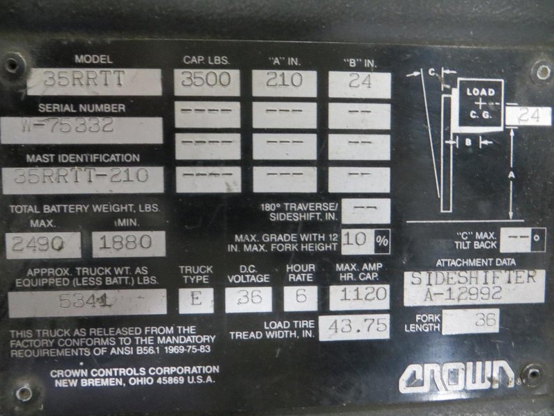 Crown 35RRTT Single Reach 2-Stage Electric Forklift with Side Shift- Auction Item