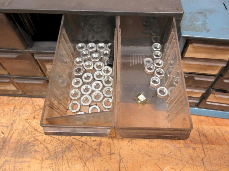 Multibin Organizers with Contents of Brass Fittings, and SAE Nuts- Auction Item