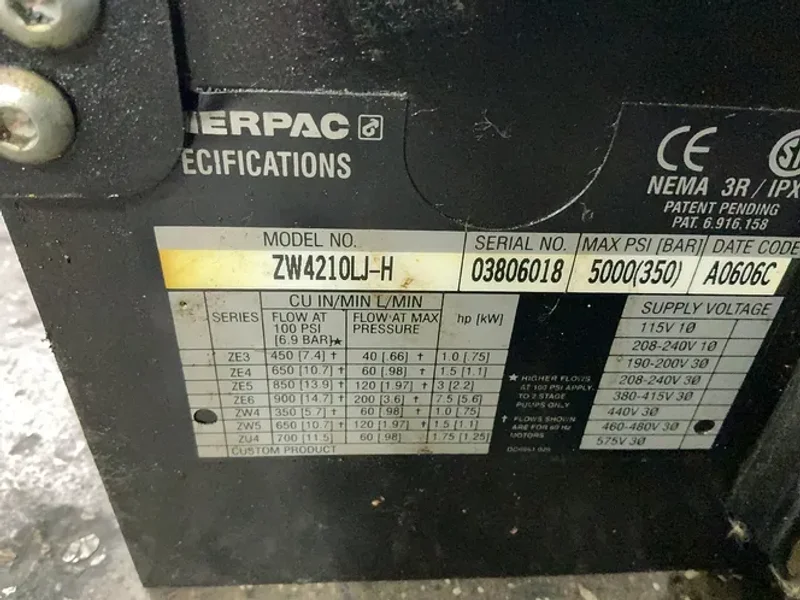 Enerpac  4.86 Gal  Hydraulic Pump  - Zw4210lj-h