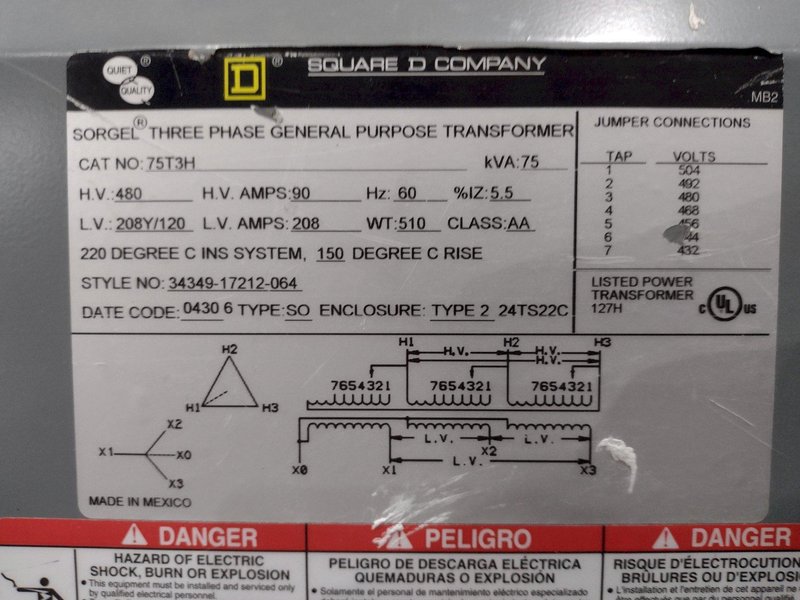 75 KVA 480-&gt;208Y/120 VOLT SQUARE D SORGEL 3-PHASE ELECTRICAL TRANSFORMER: STOCK #23729