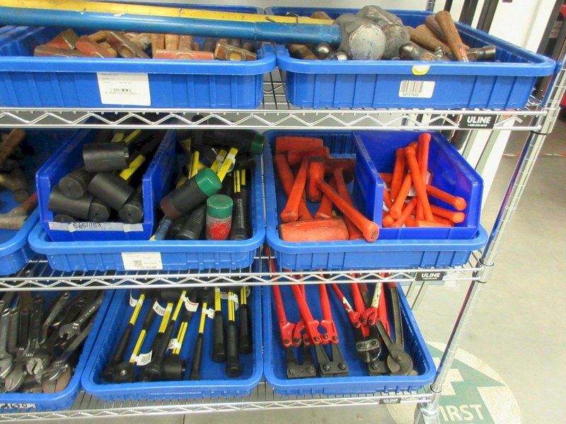 Hand Tools, Large Assortment Including Bolt Cutters, Clamps Tap and Dies, Bubble Levels, Hammers, Pipe Wrenches and More on Uline 5-Shelf 72" x 24" x 78" Metal Wire Rolling Cart- Auction Item