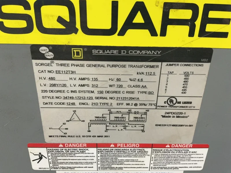 SQUARE D 112.5 KVA TRANSFORMER  -  EE112T3H